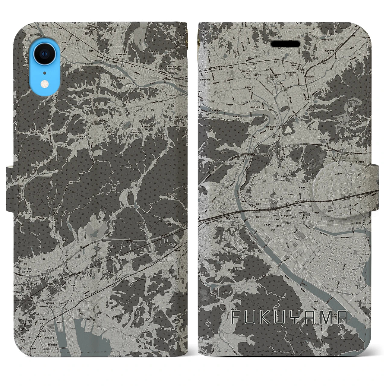 【福山(広島県)】地図柄iPhoneケース(手帳タイプ)モノトーン・iPhone XR 用