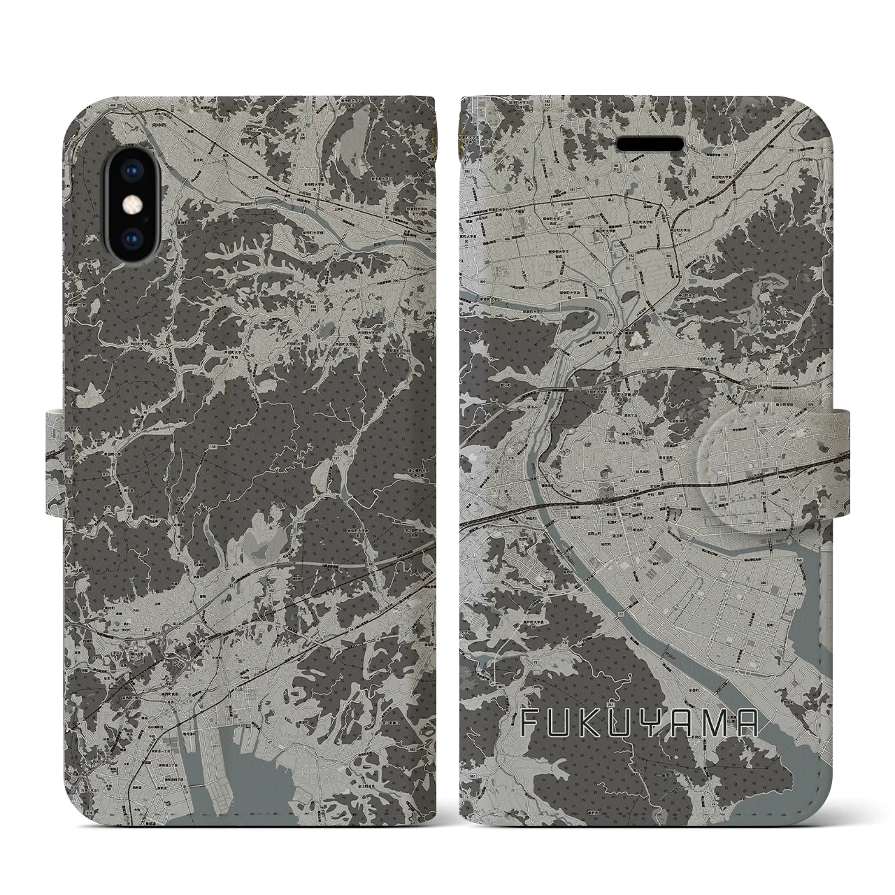 【福山(広島県)】地図柄iPhoneケース(手帳タイプ)モノトーン・iPhone XS / X 用