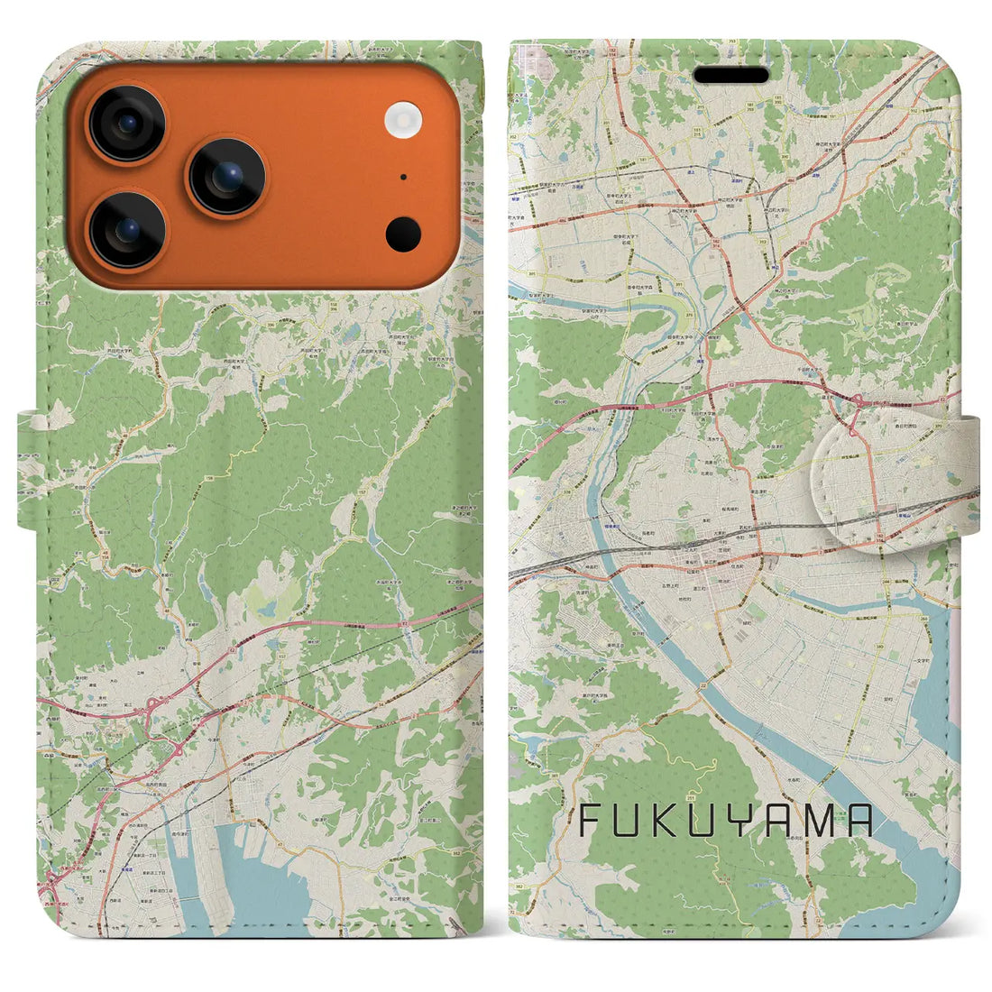 【福山(広島県)】地図柄iPhoneケース(手帳タイプ)ナチュラル・iPhone 17 Pro Max 用