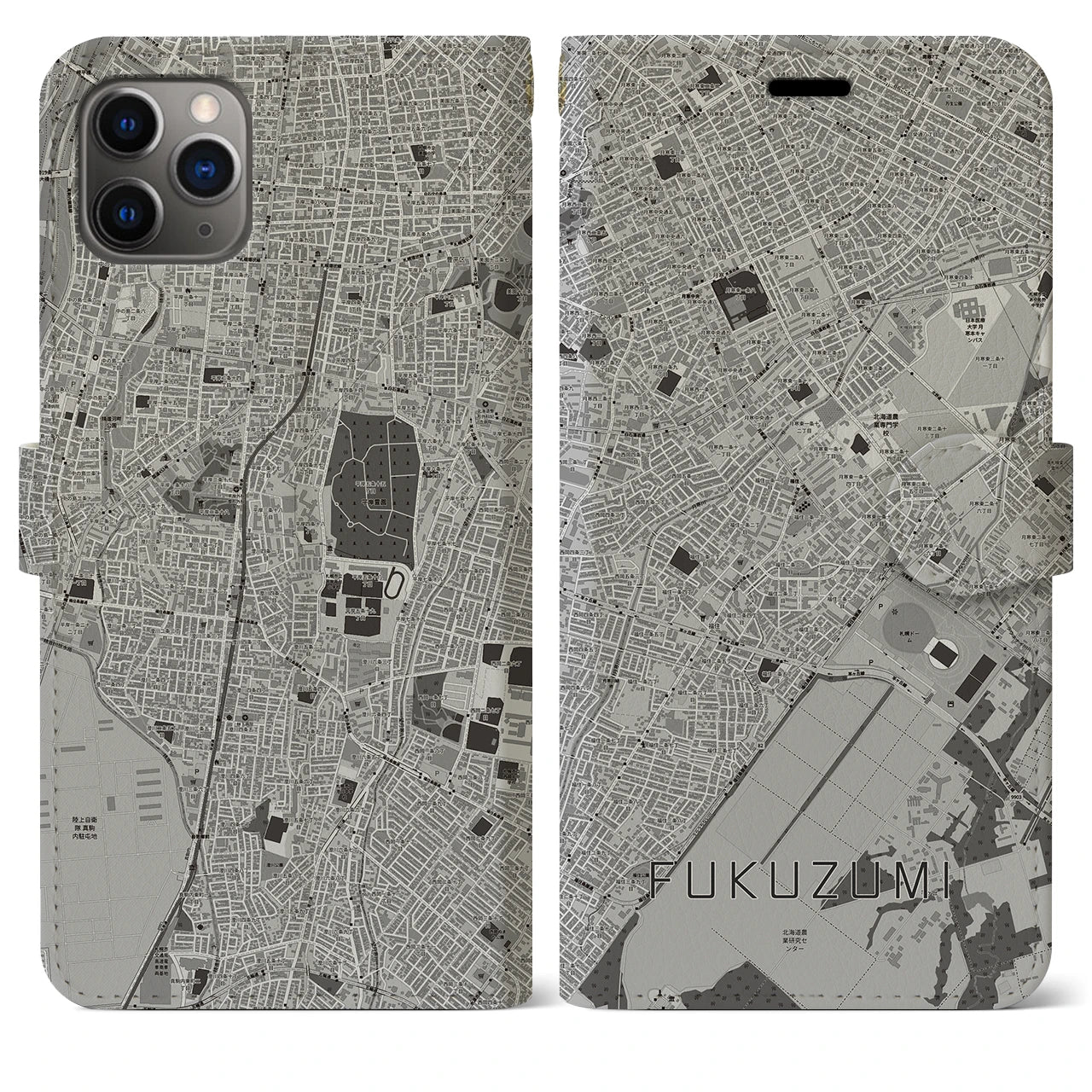 【福住(北海道)】地図柄iPhoneケース(手帳タイプ)モノトーン・iPhone 11 Pro Max 用