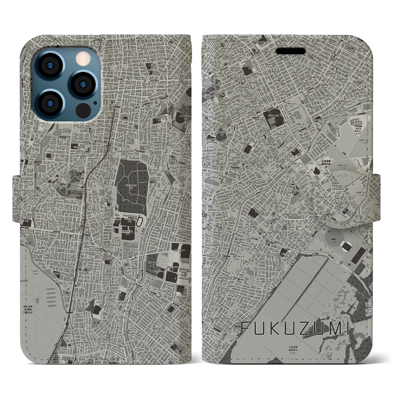 【福住(北海道)】地図柄iPhoneケース(手帳タイプ)モノトーン・iPhone 12 / 12 Pro 用