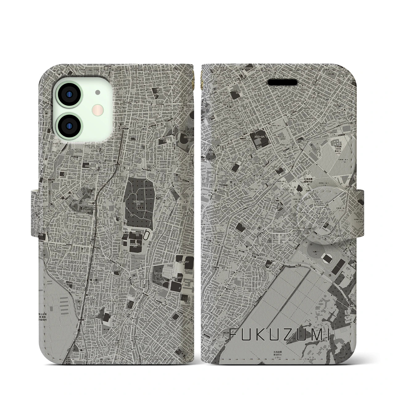 【福住(北海道)】地図柄iPhoneケース(手帳タイプ)モノトーン・iPhone 12 mini 用