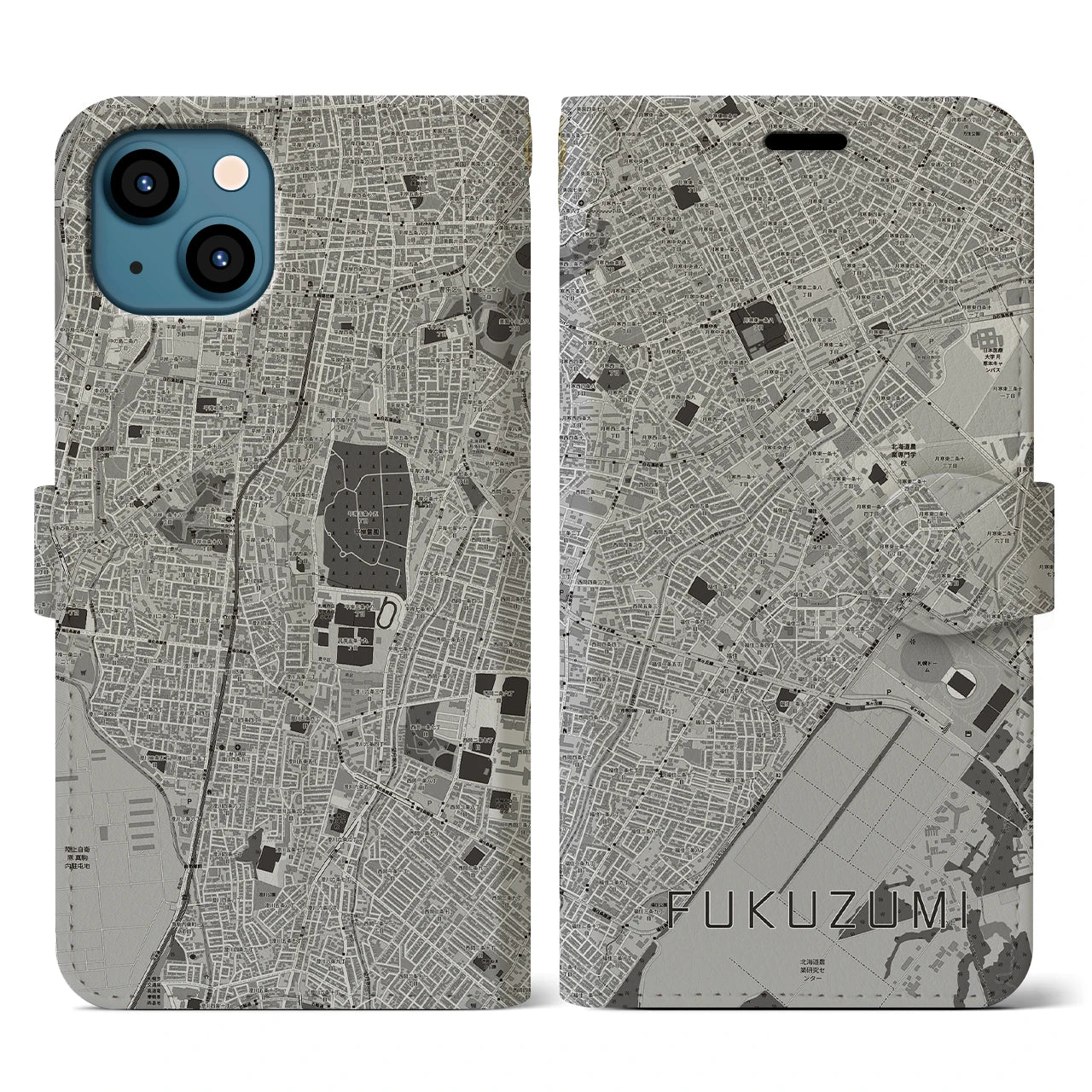 【福住(北海道)】地図柄iPhoneケース(手帳タイプ)モノトーン・iPhone 13 用