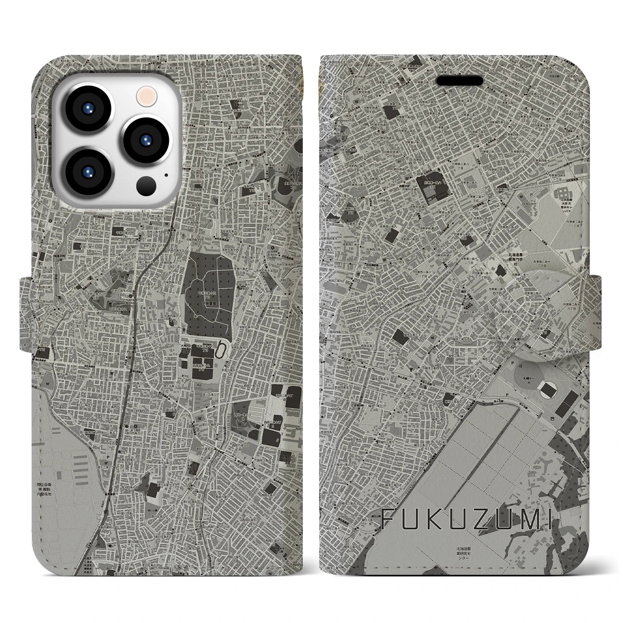【福住(北海道)】地図柄iPhoneケース(手帳タイプ)モノトーン・iPhone 13 Pro 用