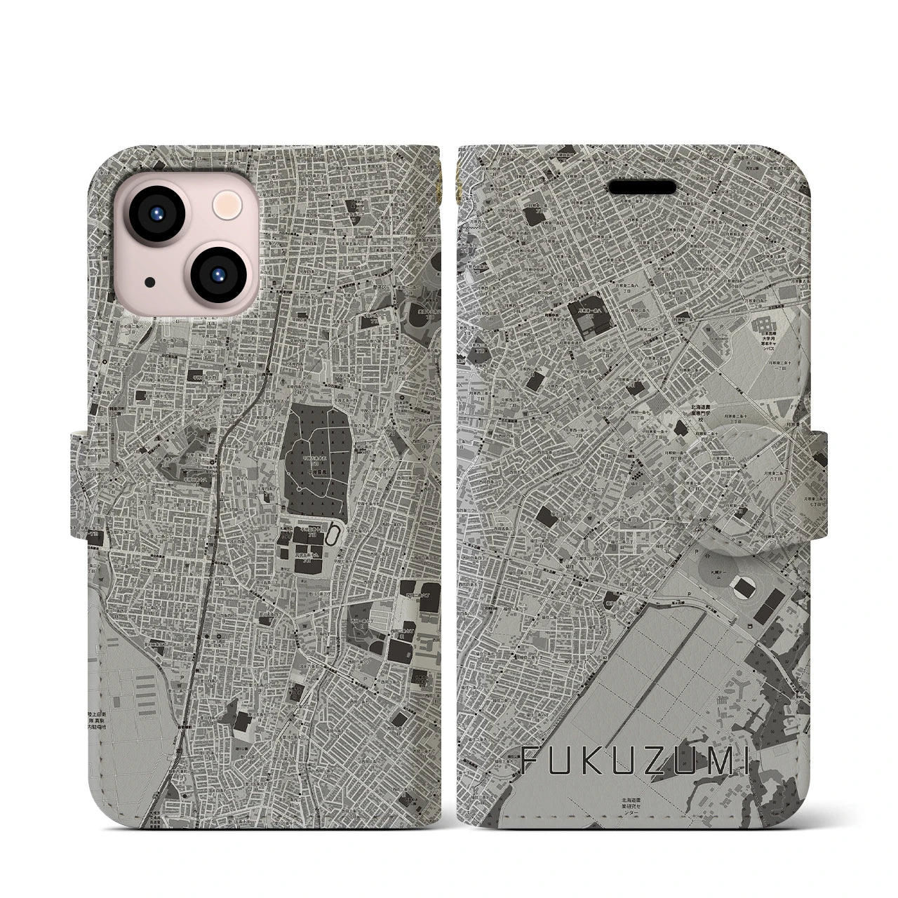 【福住(北海道)】地図柄iPhoneケース(手帳タイプ)モノトーン・iPhone 13 mini 用