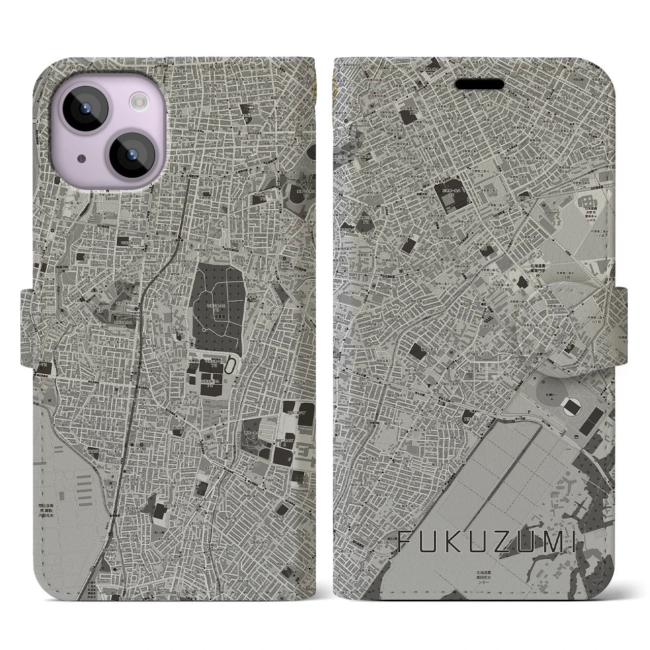 【福住(北海道)】地図柄iPhoneケース(手帳タイプ)モノトーン・iPhone 14 用