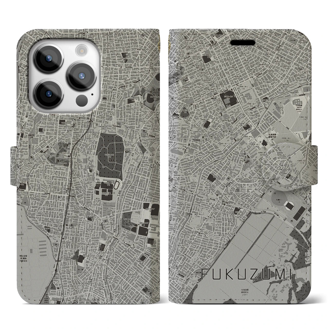 【福住(北海道)】地図柄iPhoneケース(手帳タイプ)モノトーン・iPhone 14 Pro 用