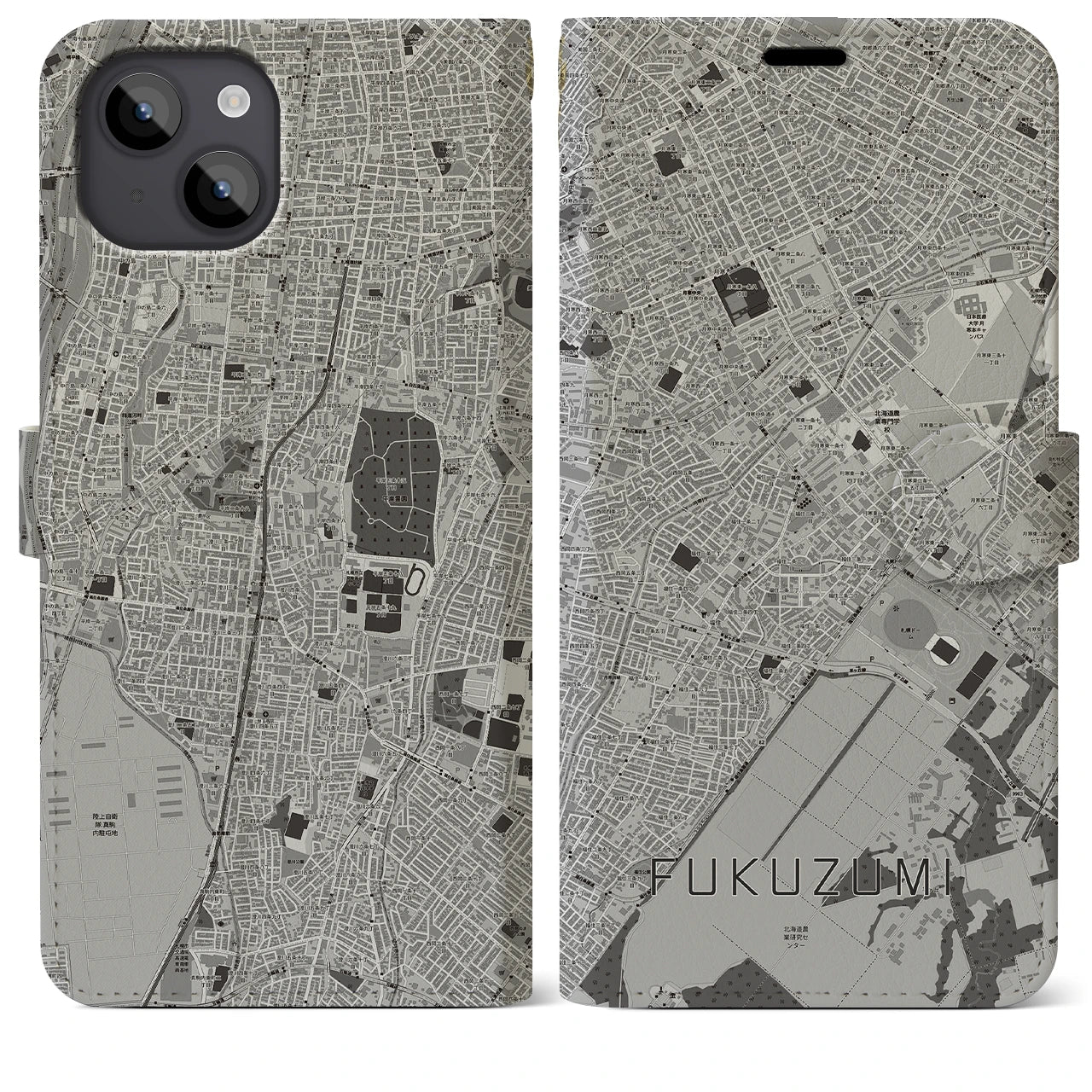 【福住(北海道)】地図柄iPhoneケース(手帳タイプ)モノトーン・iPhone 14 Plus 用