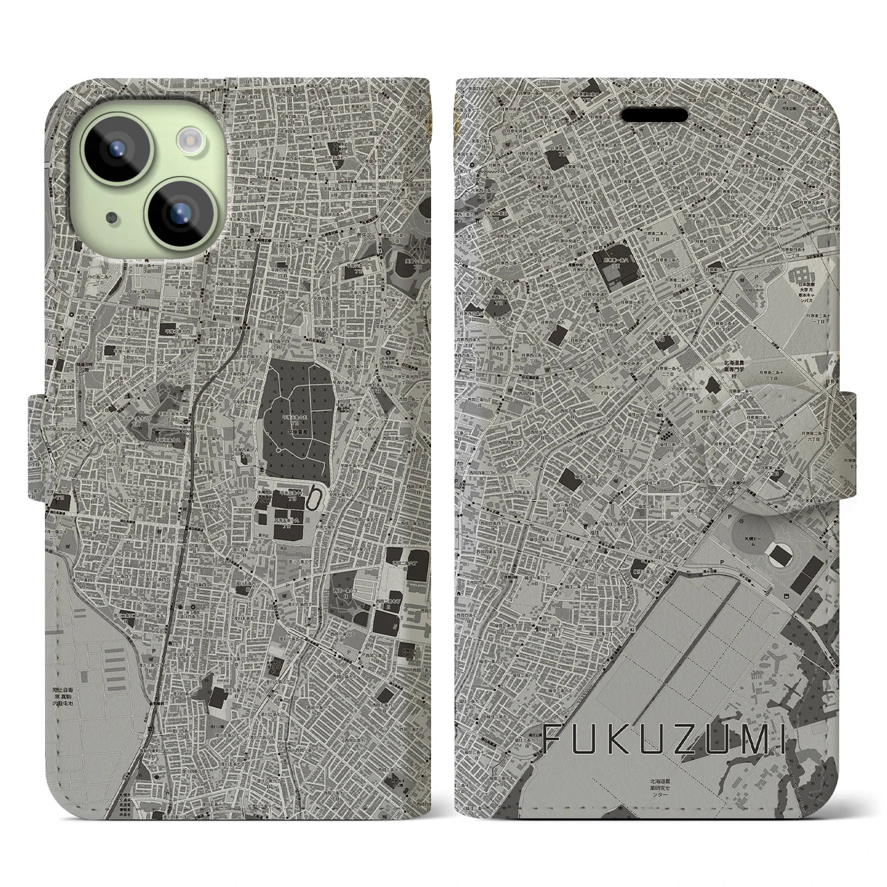 【福住(北海道)】地図柄iPhoneケース(手帳タイプ)モノトーン・iPhone 15 用