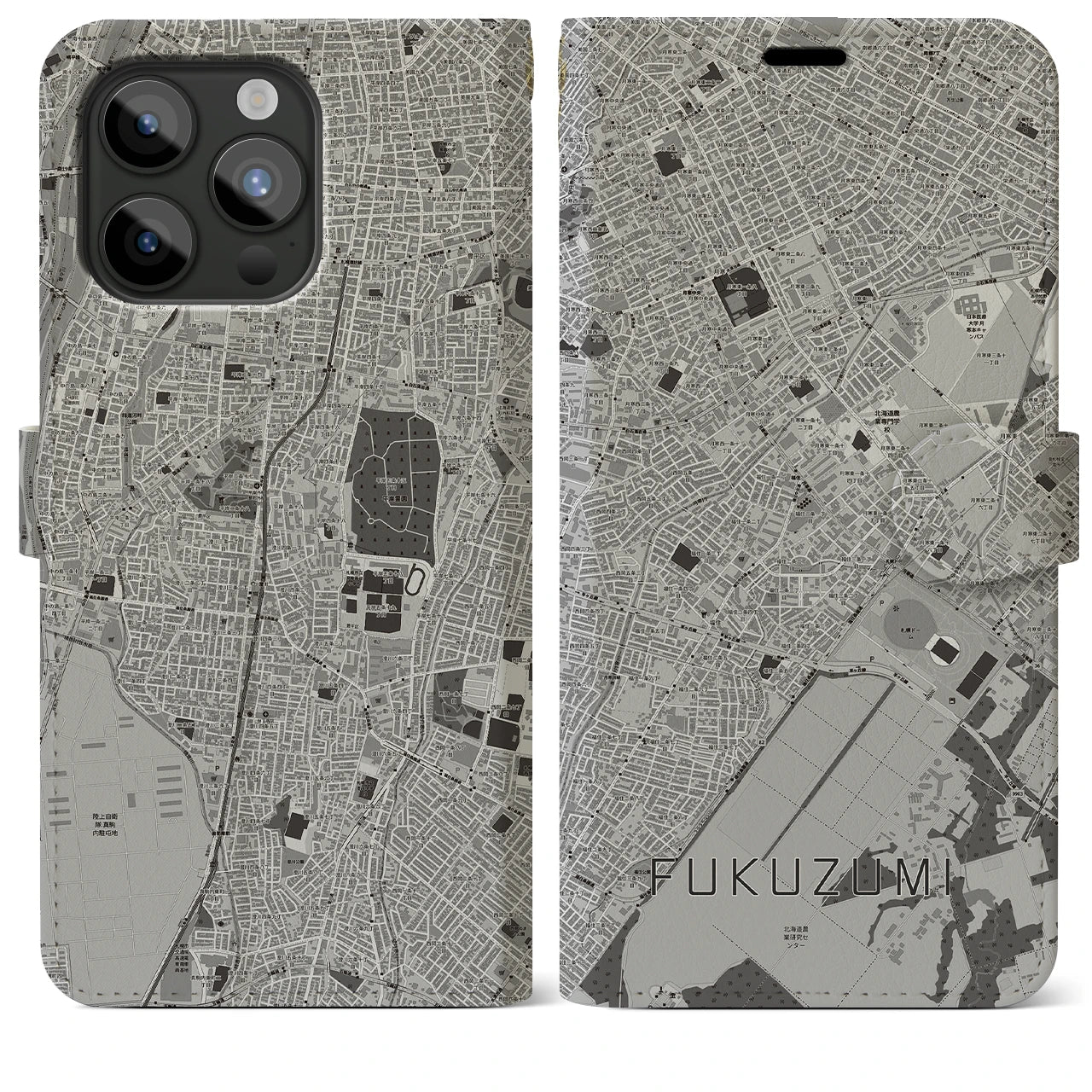 【福住(北海道)】地図柄iPhoneケース(手帳タイプ)モノトーン・iPhone 15 Pro Max 用