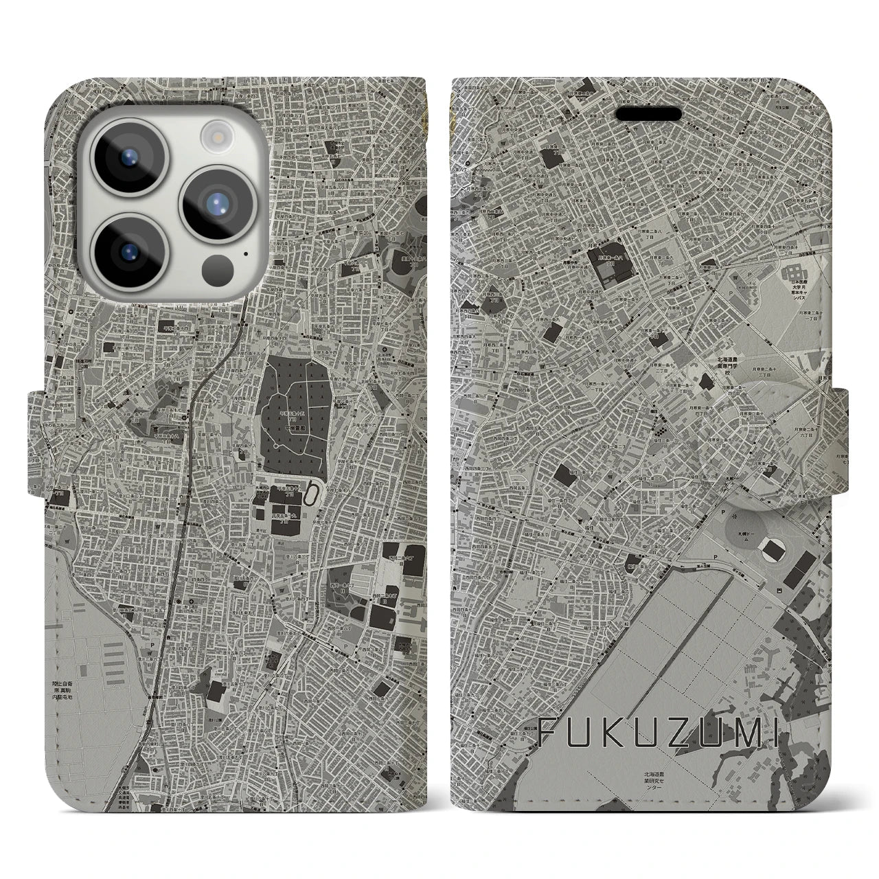【福住(北海道)】地図柄iPhoneケース(手帳タイプ)モノトーン・iPhone 15 Pro 用