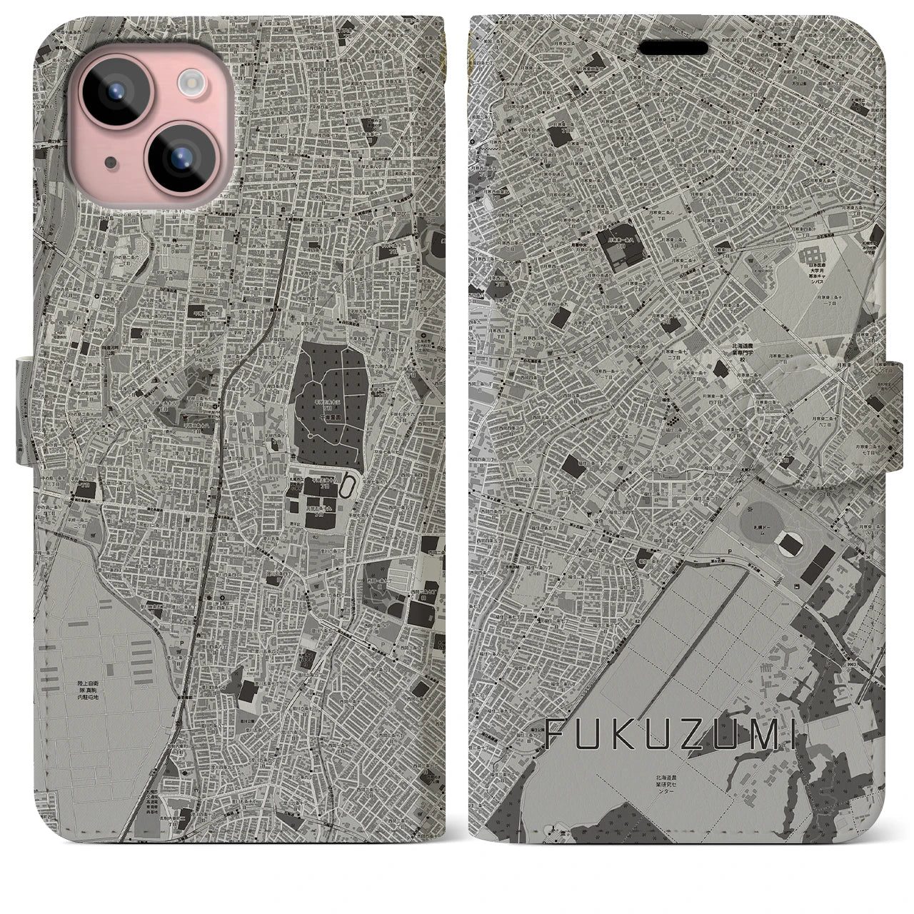 【福住(北海道)】地図柄iPhoneケース(手帳タイプ)モノトーン・iPhone 15 Plus 用