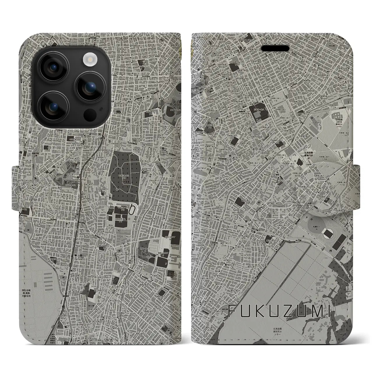 【福住(北海道)】地図柄iPhoneケース(手帳タイプ)モノトーン・iPhone 16 用