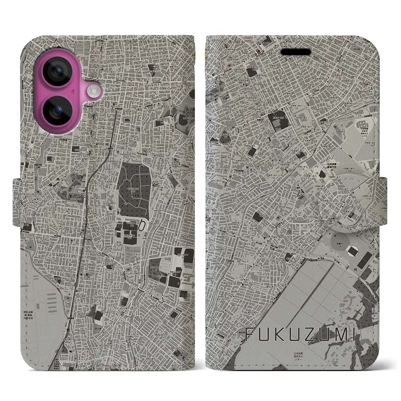 【福住(北海道)】地図柄iPhoneケース(手帳タイプ)モノトーン・iPhone 16 Pro 用