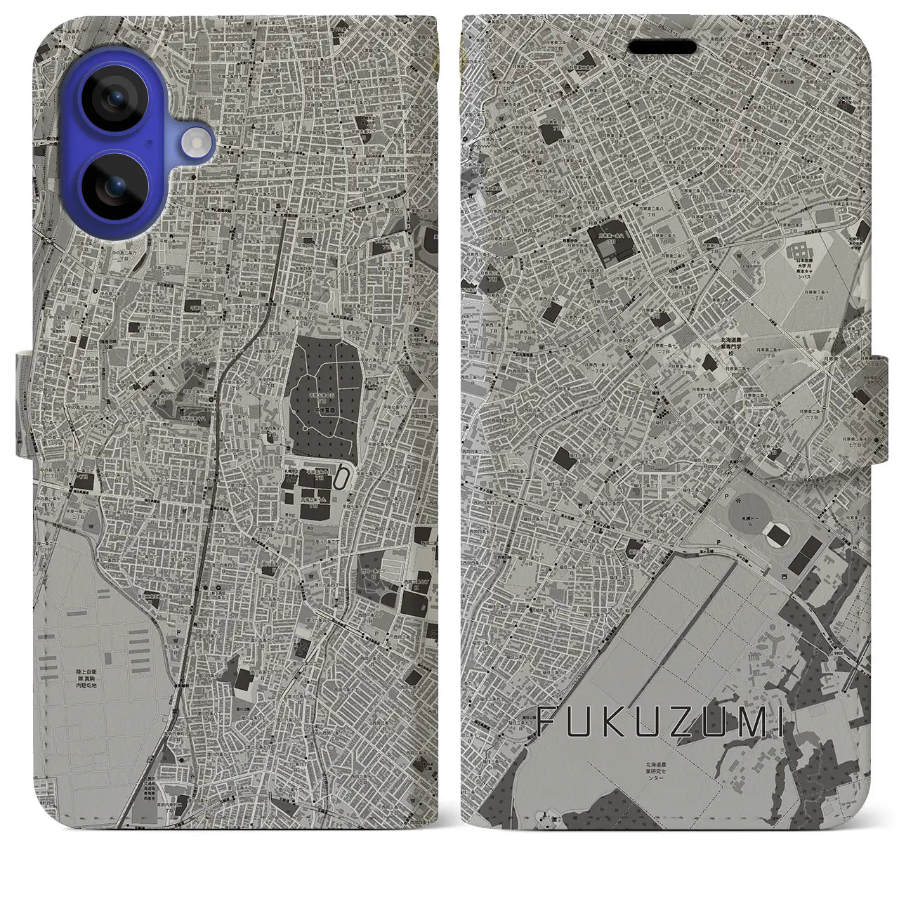 【福住(北海道)】地図柄iPhoneケース(手帳タイプ)モノトーン・iPhone 16 Pro Max 用