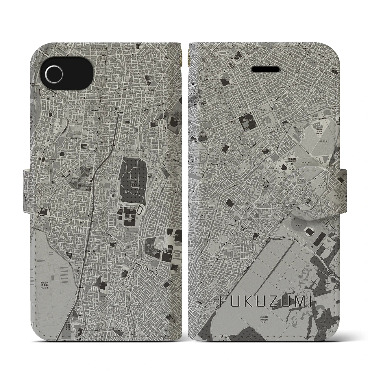 【福住(北海道)】地図柄iPhoneケース(手帳タイプ)モノトーン・iPhone SE(第3 / 第2世代) / 8 / 7 / 6s / 6 用