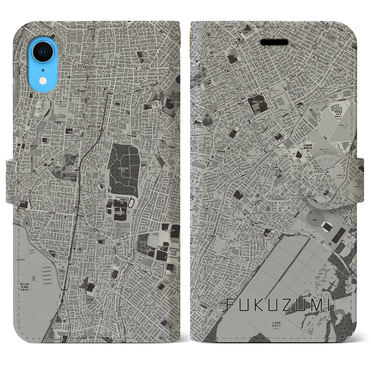 【福住(北海道)】地図柄iPhoneケース(手帳タイプ)モノトーン・iPhone XR 用