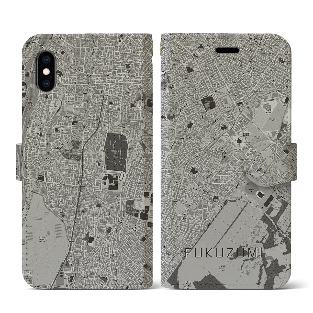 【福住(北海道)】地図柄iPhoneケース(手帳タイプ)モノトーン・iPhone XS / X 用