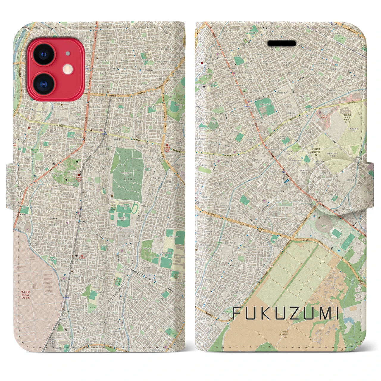 【福住(北海道)】地図柄iPhoneケース(手帳タイプ)ナチュラル・iPhone 11 用