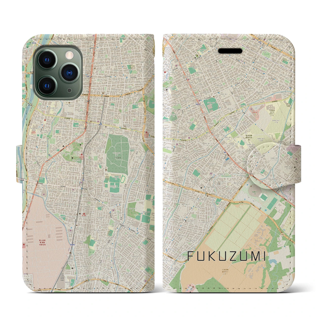 【福住(北海道)】地図柄iPhoneケース(手帳タイプ)ナチュラル・iPhone 11 Pro 用