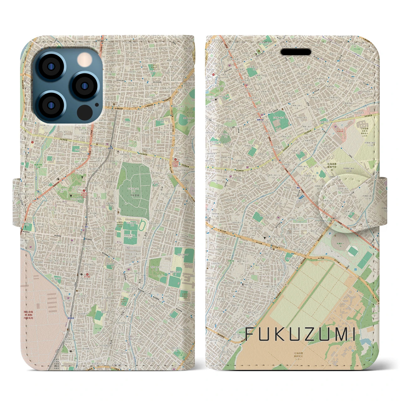 【福住(北海道)】地図柄iPhoneケース(手帳タイプ)ナチュラル・iPhone 12 / 12 Pro 用