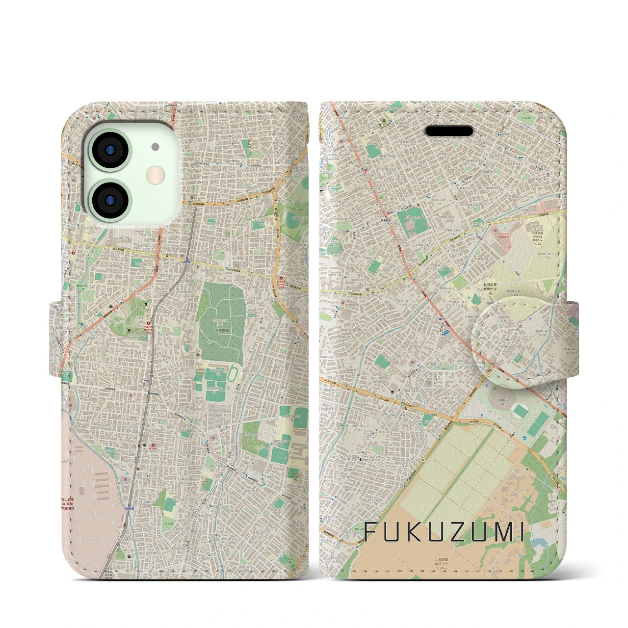 【福住(北海道)】地図柄iPhoneケース(手帳タイプ)ナチュラル・iPhone 12 mini 用