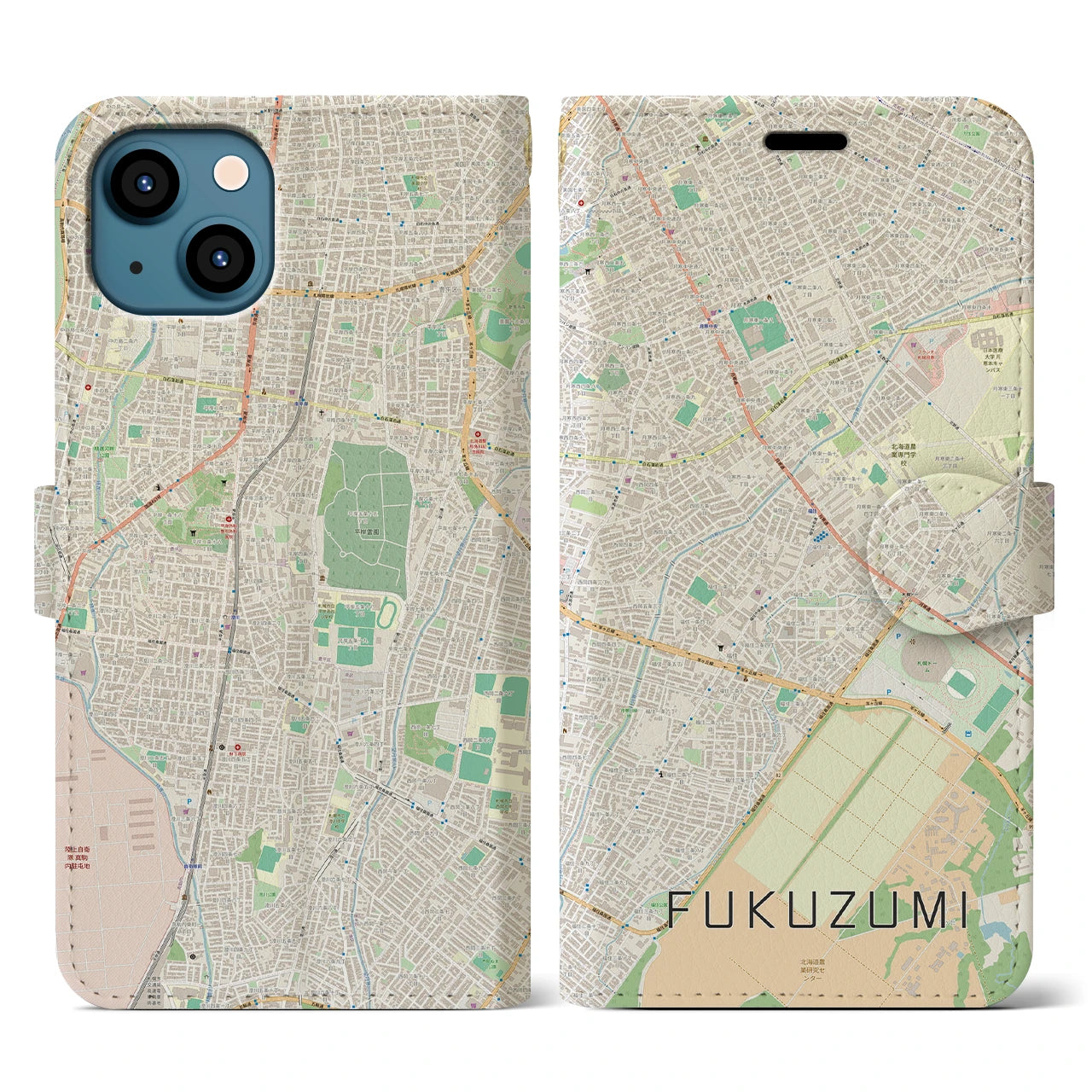 【福住(北海道)】地図柄iPhoneケース(手帳タイプ)ナチュラル・iPhone 13 用