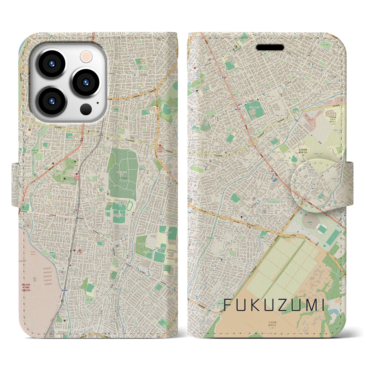 【福住(北海道)】地図柄iPhoneケース(手帳タイプ)ナチュラル・iPhone 13 Pro 用
