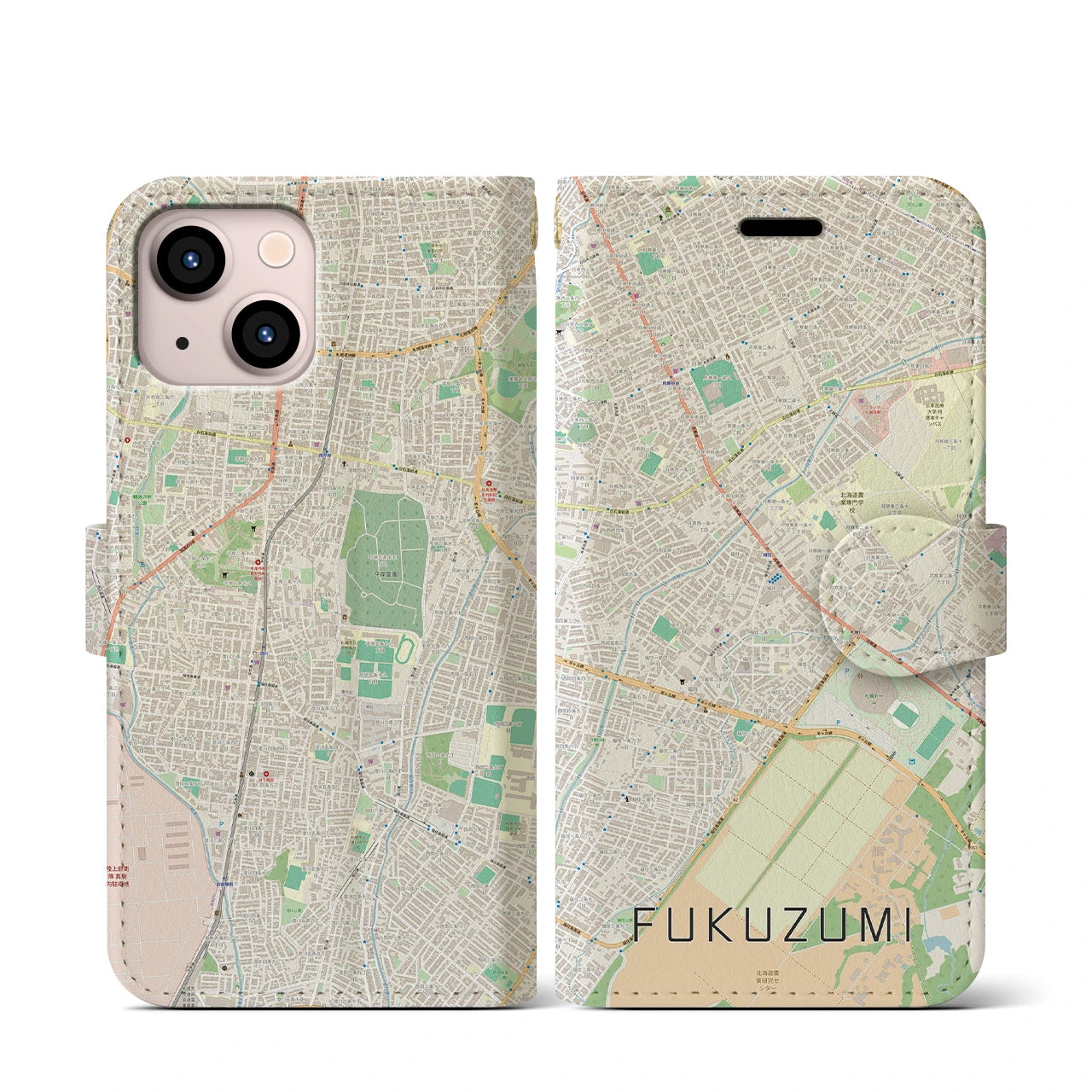 【福住(北海道)】地図柄iPhoneケース(手帳タイプ)ナチュラル・iPhone 13 mini 用