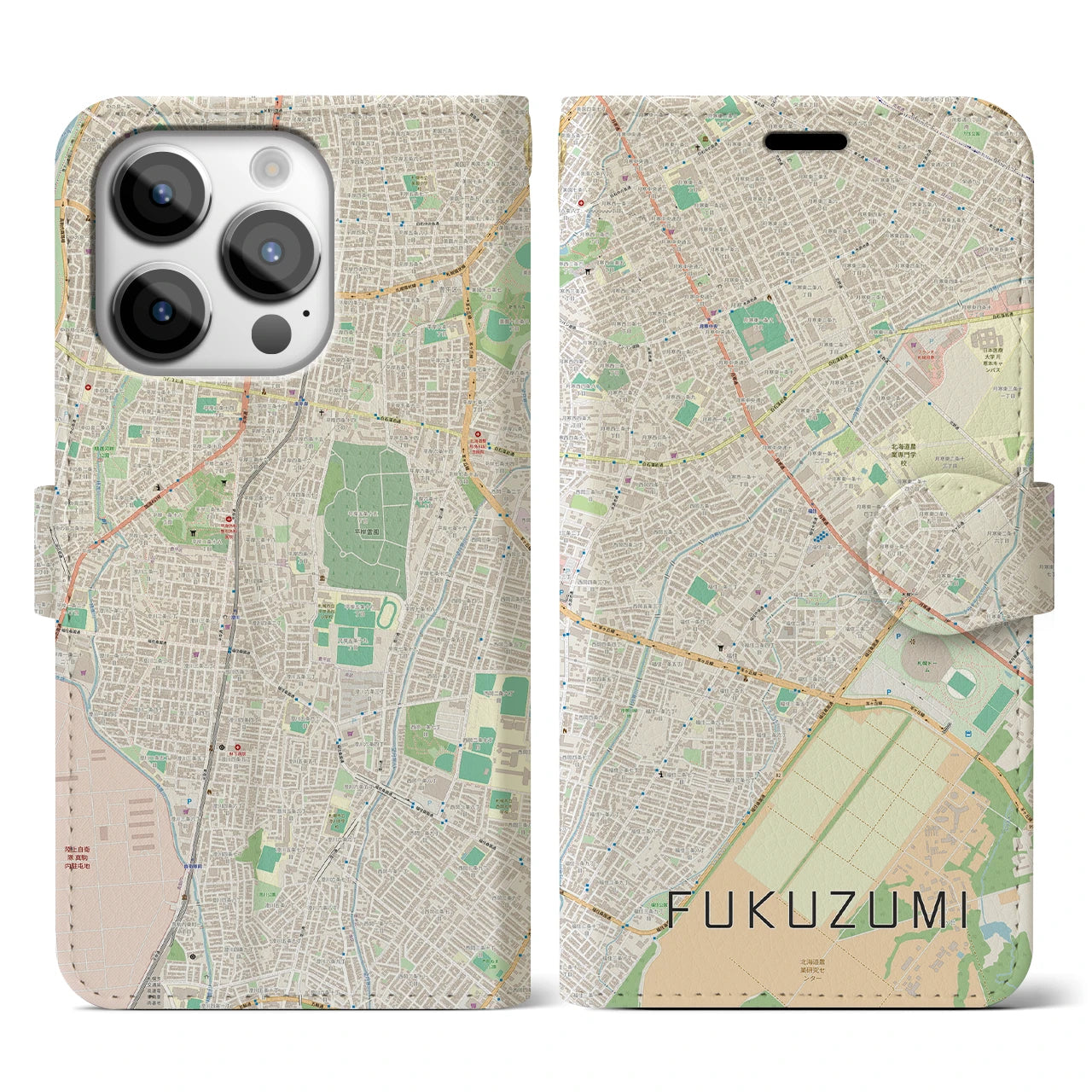 【福住(北海道)】地図柄iPhoneケース(手帳タイプ)ナチュラル・iPhone 14 Pro 用