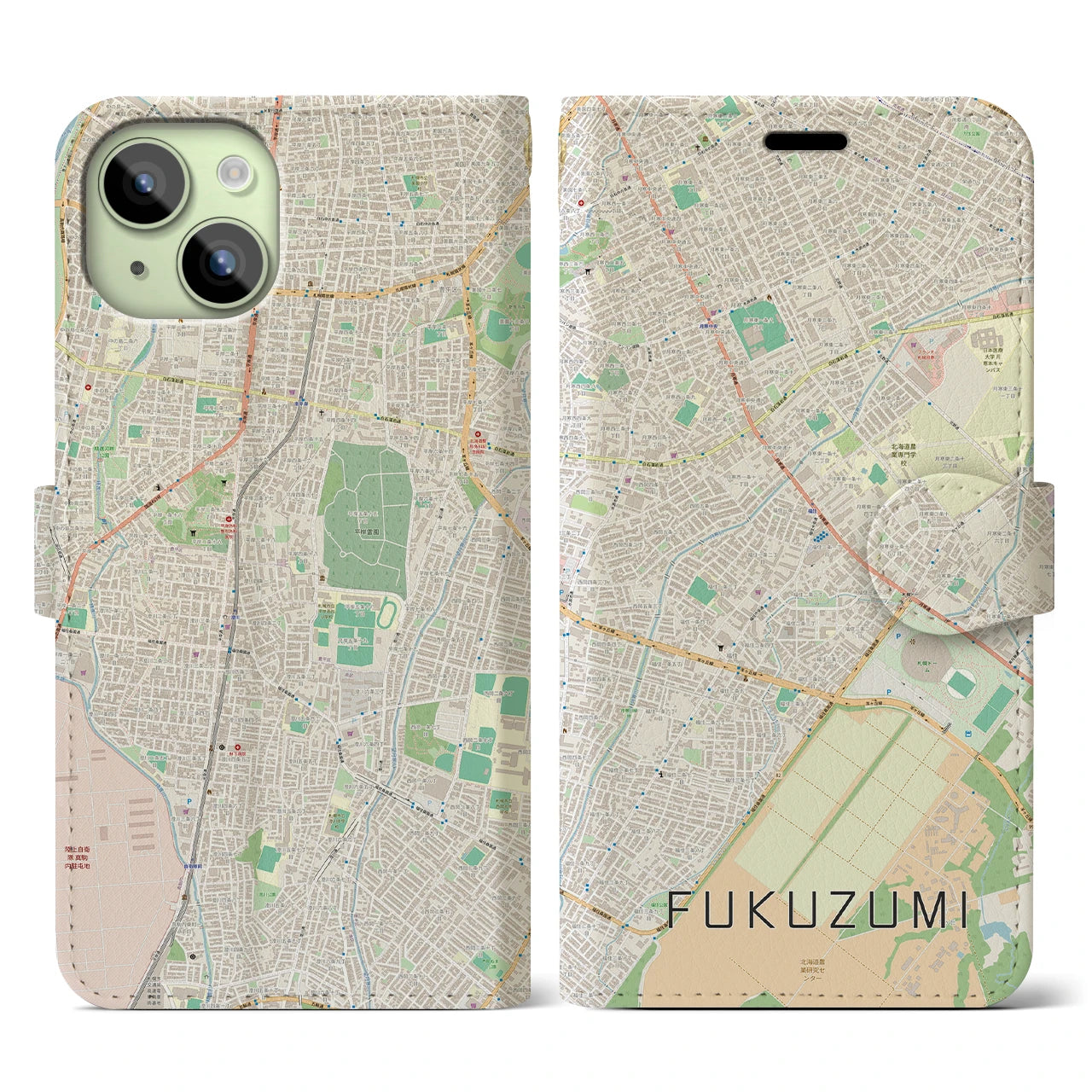 【福住(北海道)】地図柄iPhoneケース(手帳タイプ)ナチュラル・iPhone 15 用