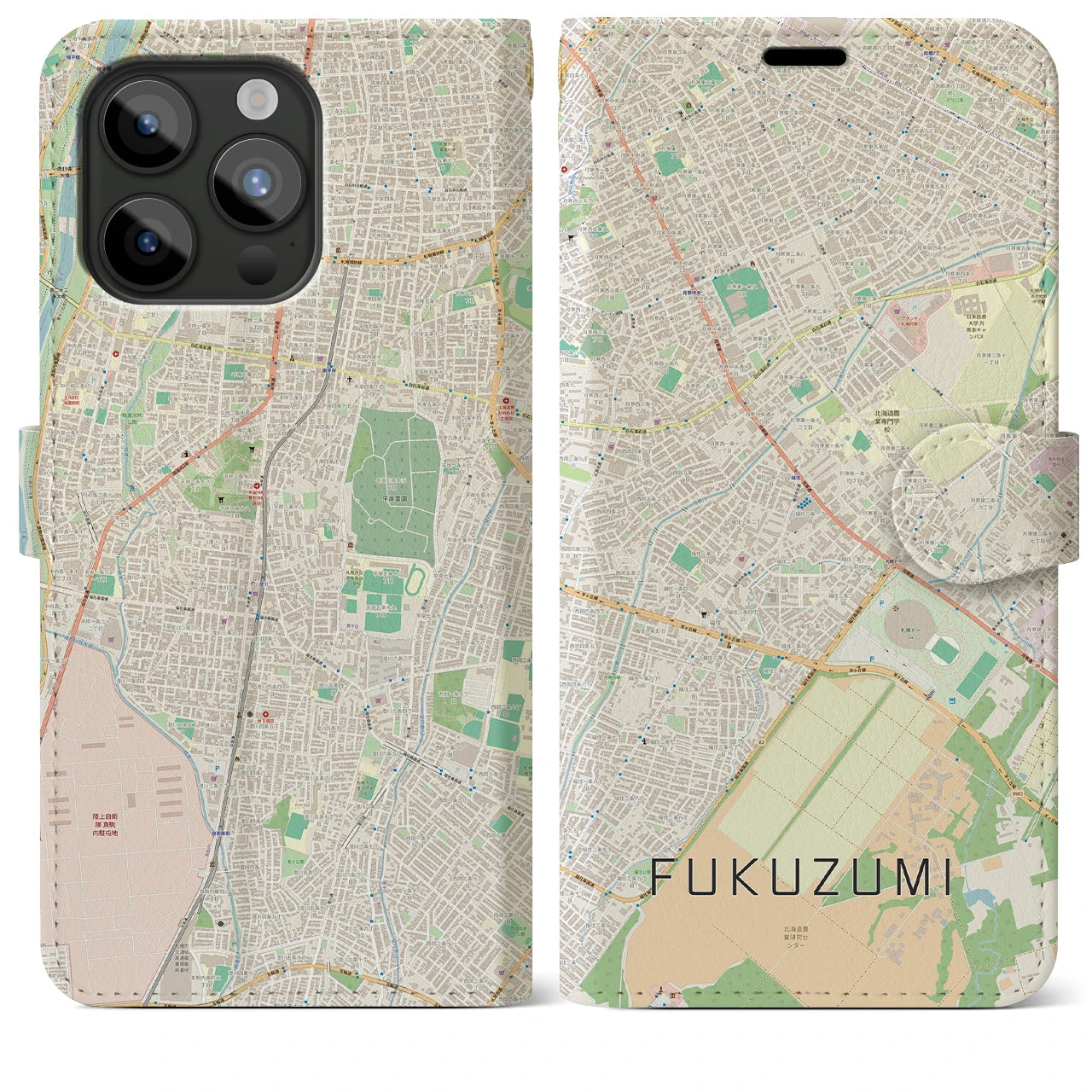 【福住(北海道)】地図柄iPhoneケース(手帳タイプ)ナチュラル・iPhone 15 Pro Max 用