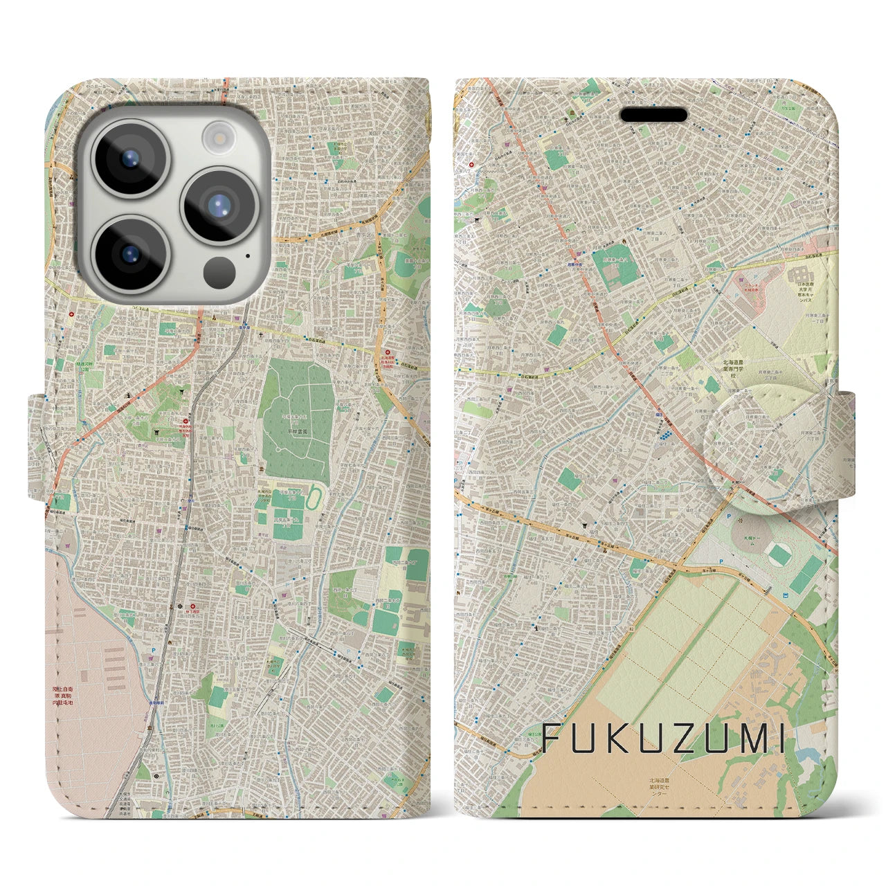 【福住(北海道)】地図柄iPhoneケース(手帳タイプ)ナチュラル・iPhone 15 Pro 用