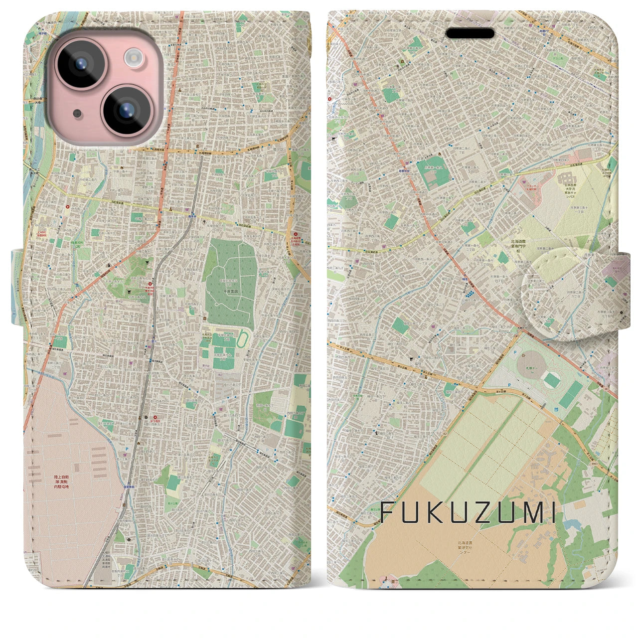 【福住(北海道)】地図柄iPhoneケース(手帳タイプ)ナチュラル・iPhone 15 Plus 用