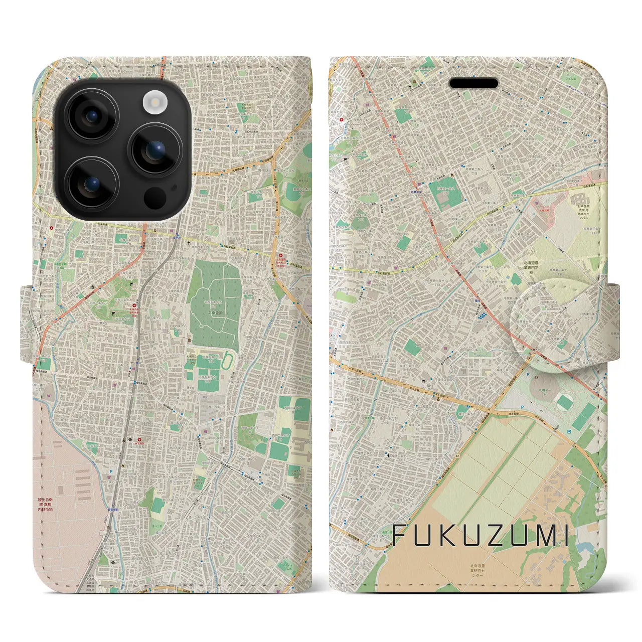 【福住(北海道)】地図柄iPhoneケース(手帳タイプ)ナチュラル・iPhone 16 用