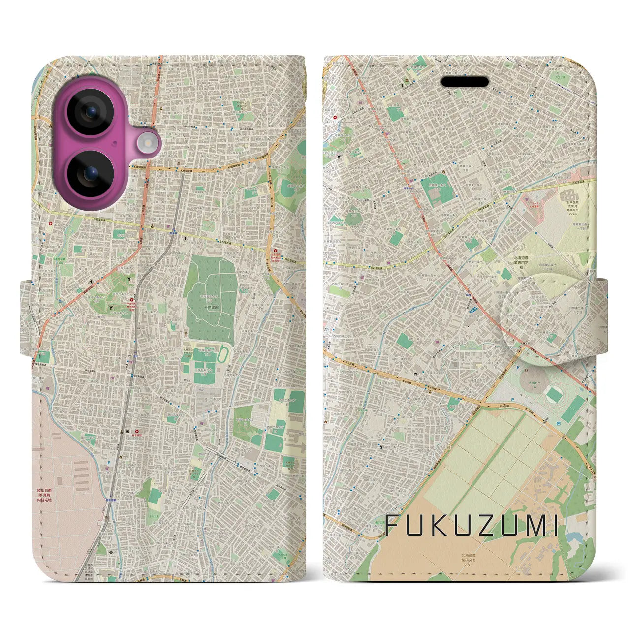 【福住(北海道)】地図柄iPhoneケース(手帳タイプ)ナチュラル・iPhone 16 Pro 用