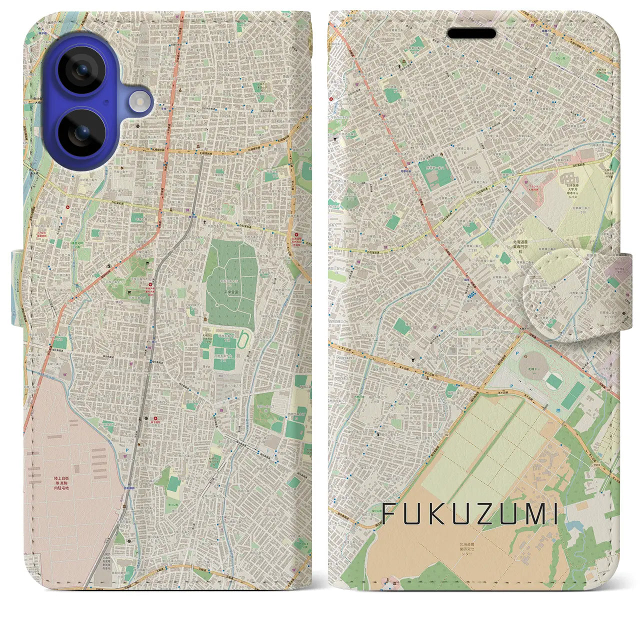 【福住(北海道)】地図柄iPhoneケース(手帳タイプ)ナチュラル・iPhone 16 Pro Max 用