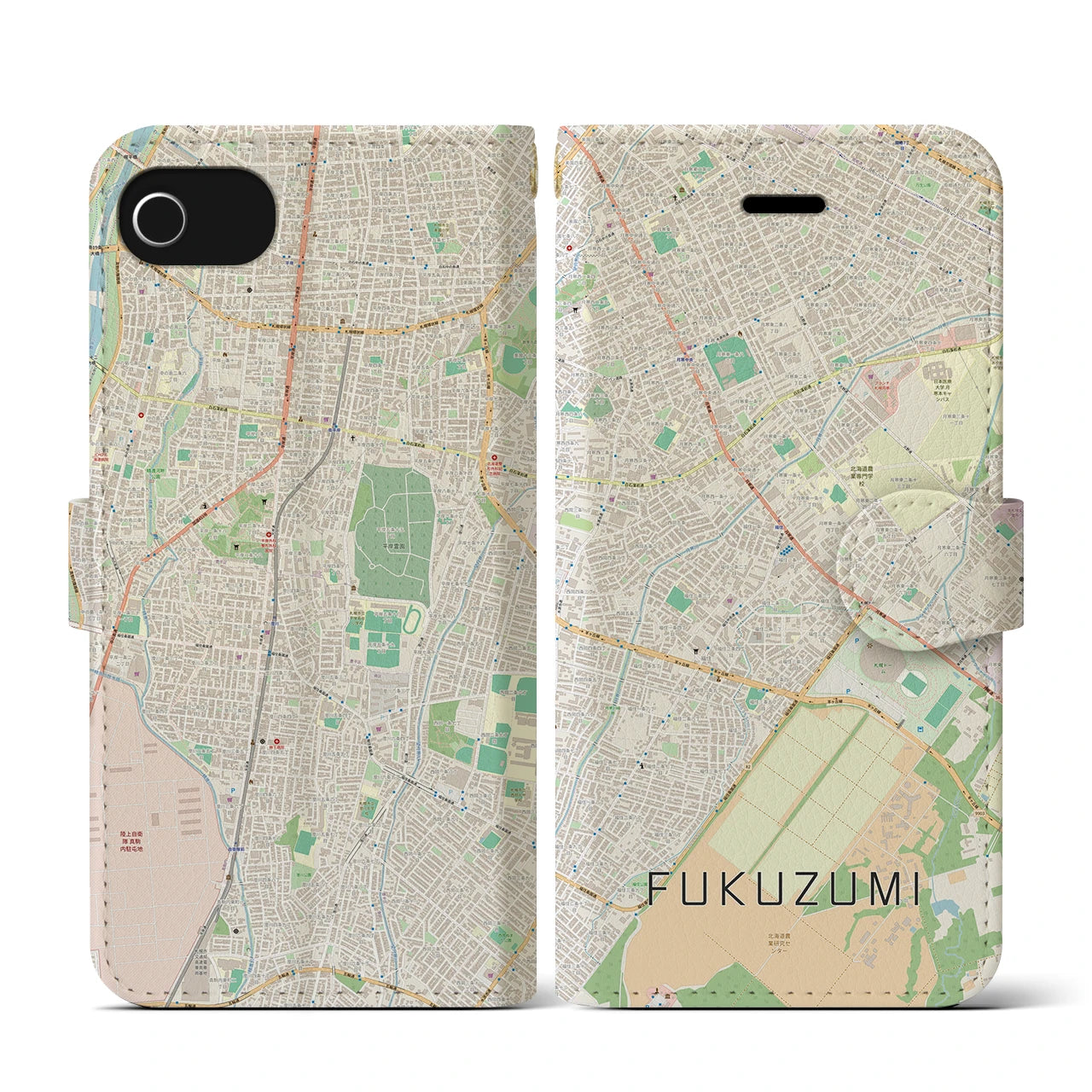 【福住(北海道)】地図柄iPhoneケース(手帳タイプ)ナチュラル・iPhone SE(第3 / 第2世代) / 8 / 7 / 6s / 6 用
