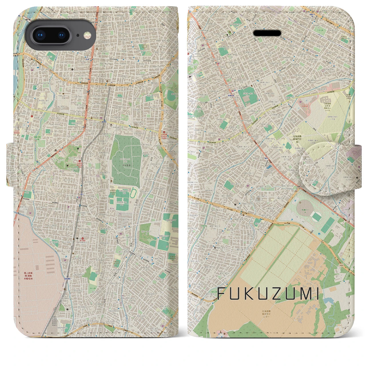 【福住(北海道)】地図柄iPhoneケース(手帳タイプ)ナチュラル・iPhone 8Plus /7Plus / 6sPlus / 6Plus 用
