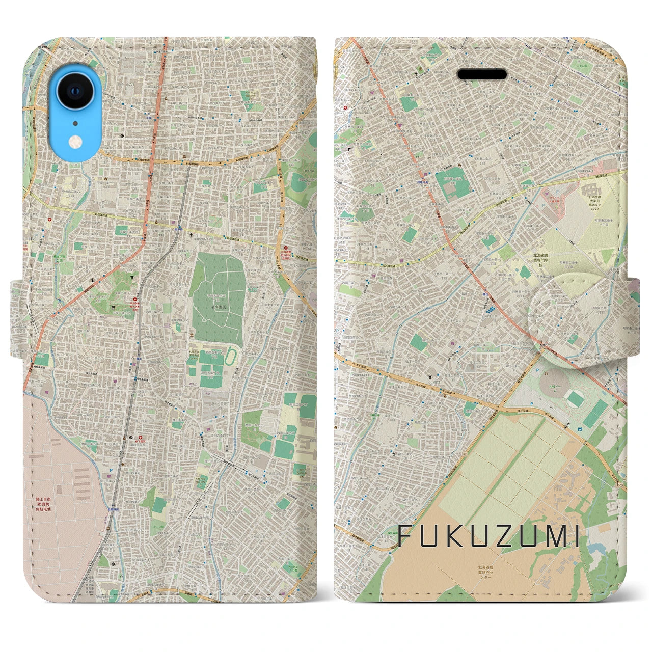 【福住(北海道)】地図柄iPhoneケース(手帳タイプ)ナチュラル・iPhone XR 用