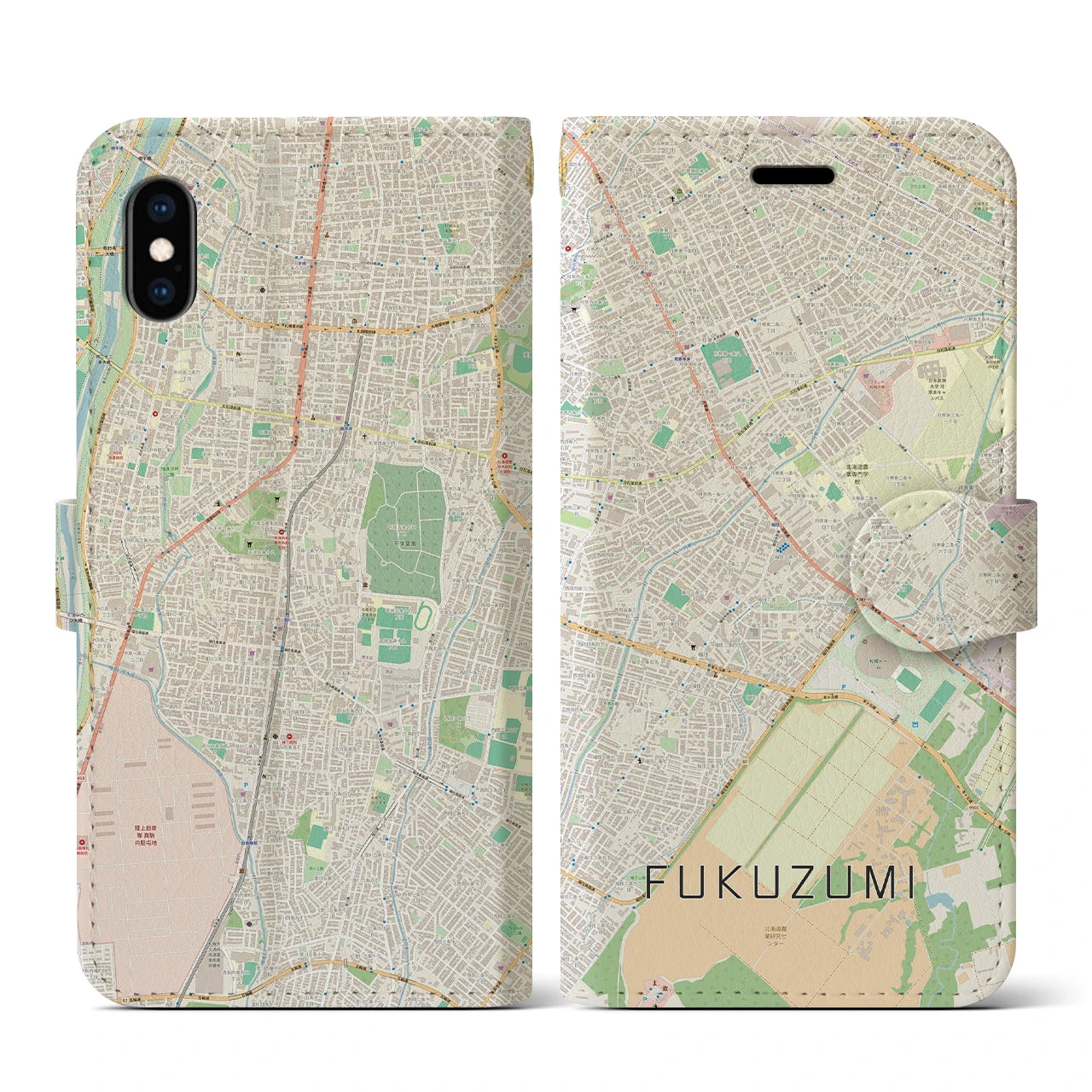 【福住(北海道)】地図柄iPhoneケース(手帳タイプ)ナチュラル・iPhone XS / X 用