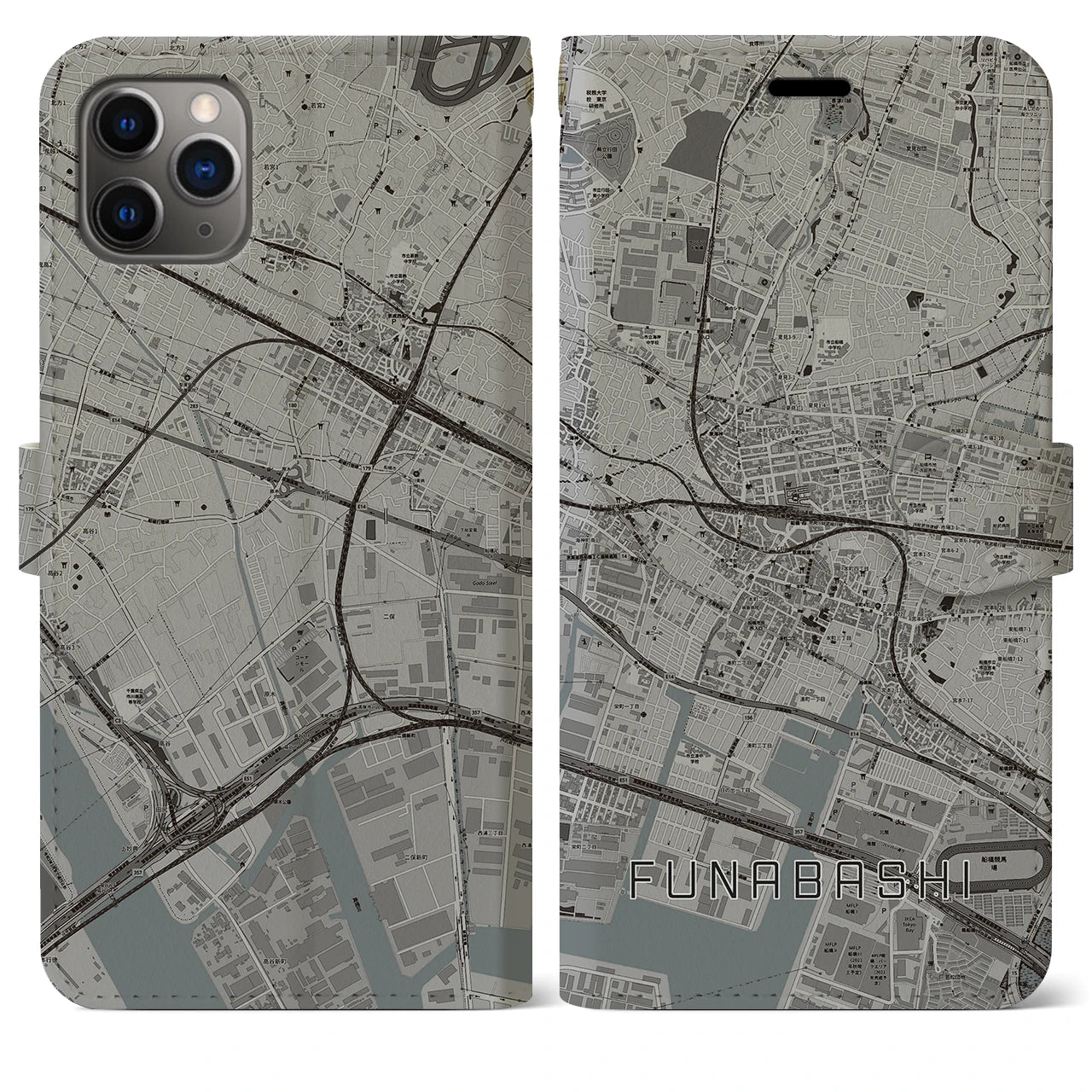 【船橋(千葉県)】地図柄iPhoneケース(手帳タイプ)モノトーン・iPhone 11 Pro Max 用