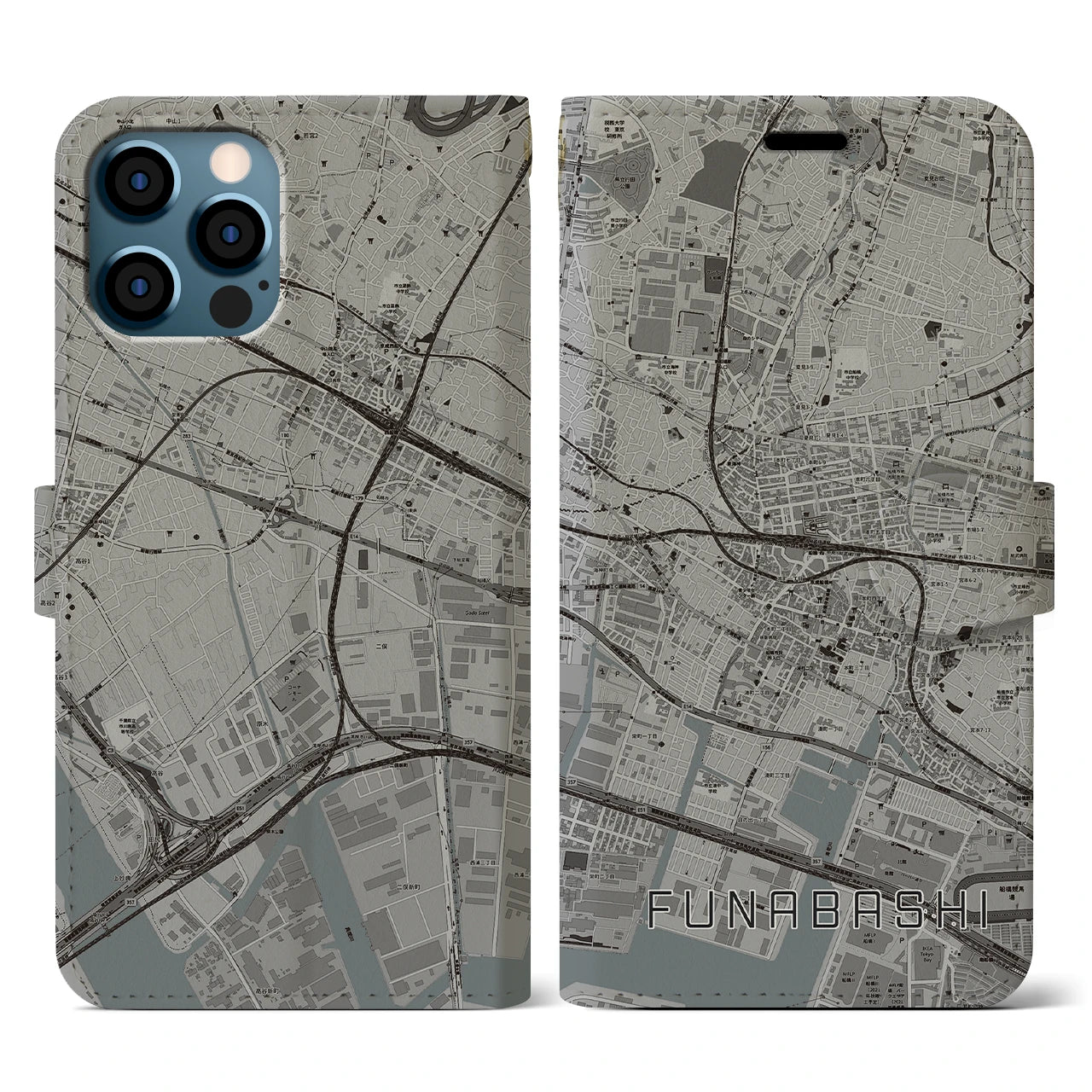 【船橋(千葉県)】地図柄iPhoneケース(手帳タイプ)モノトーン・iPhone 12 / 12 Pro 用