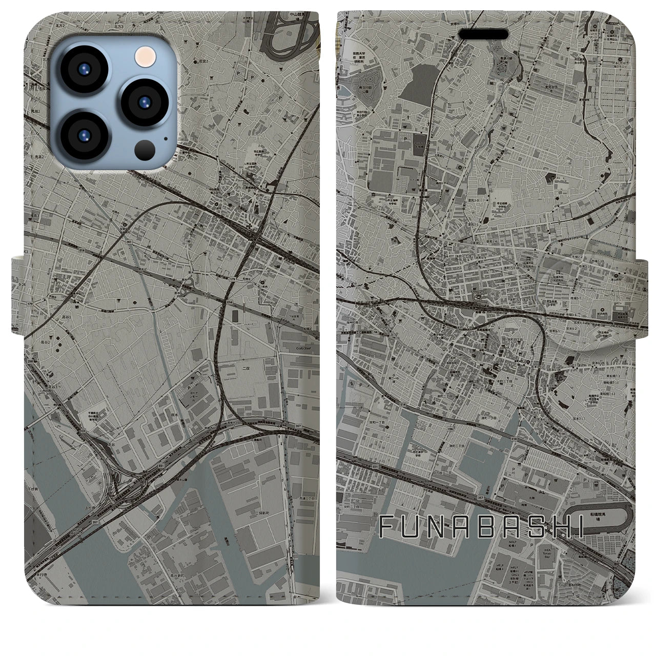 【船橋(千葉県)】地図柄iPhoneケース(手帳タイプ)モノトーン・iPhone 13 Pro Max 用