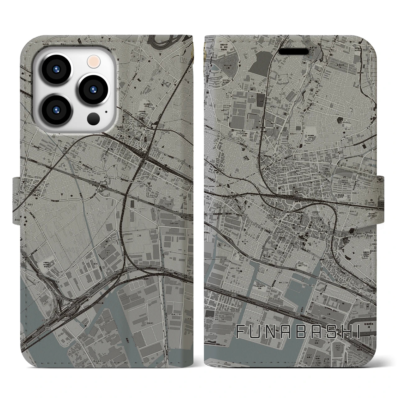 【船橋(千葉県)】地図柄iPhoneケース(手帳タイプ)モノトーン・iPhone 13 Pro 用