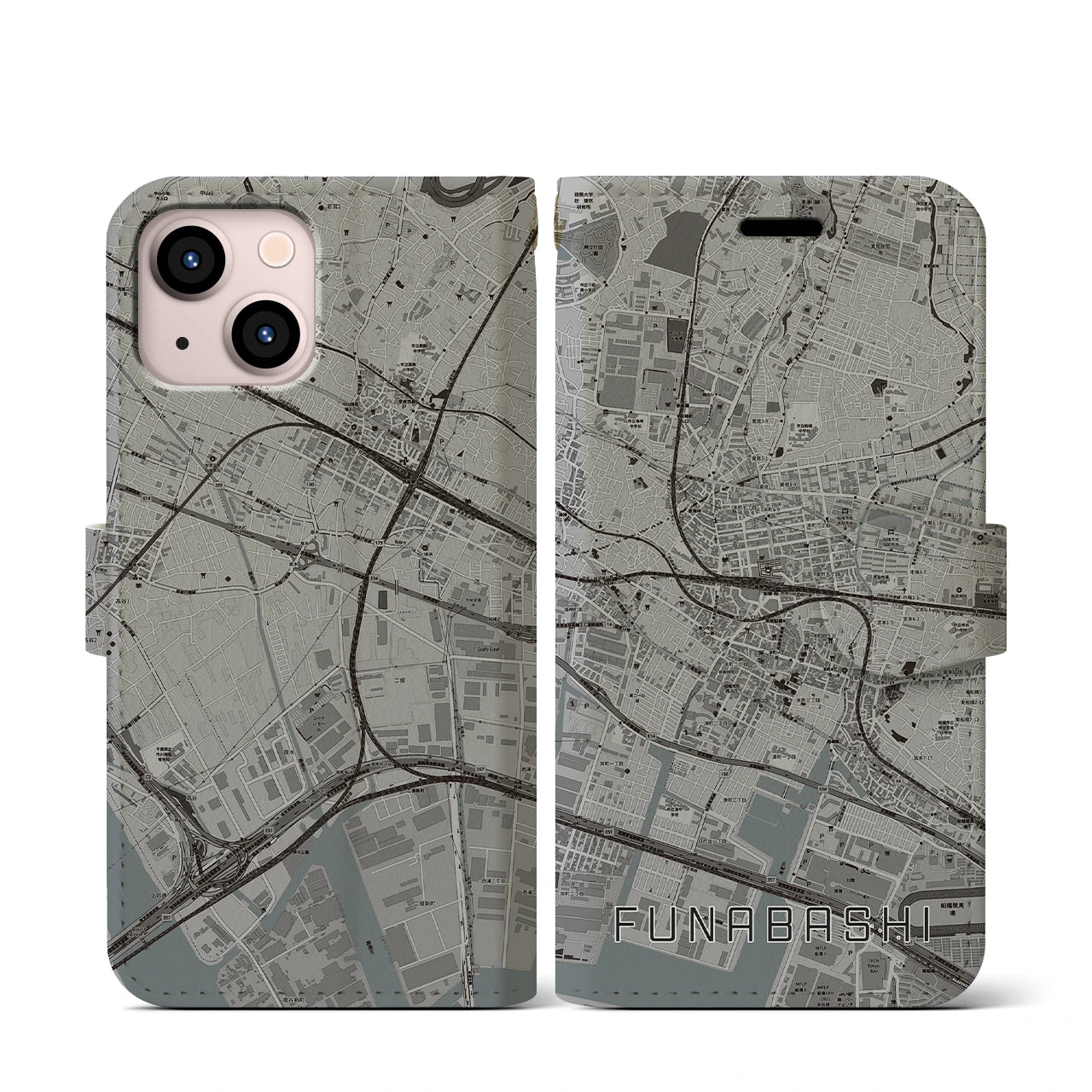【船橋(千葉県)】地図柄iPhoneケース(手帳タイプ)モノトーン・iPhone 13 mini 用