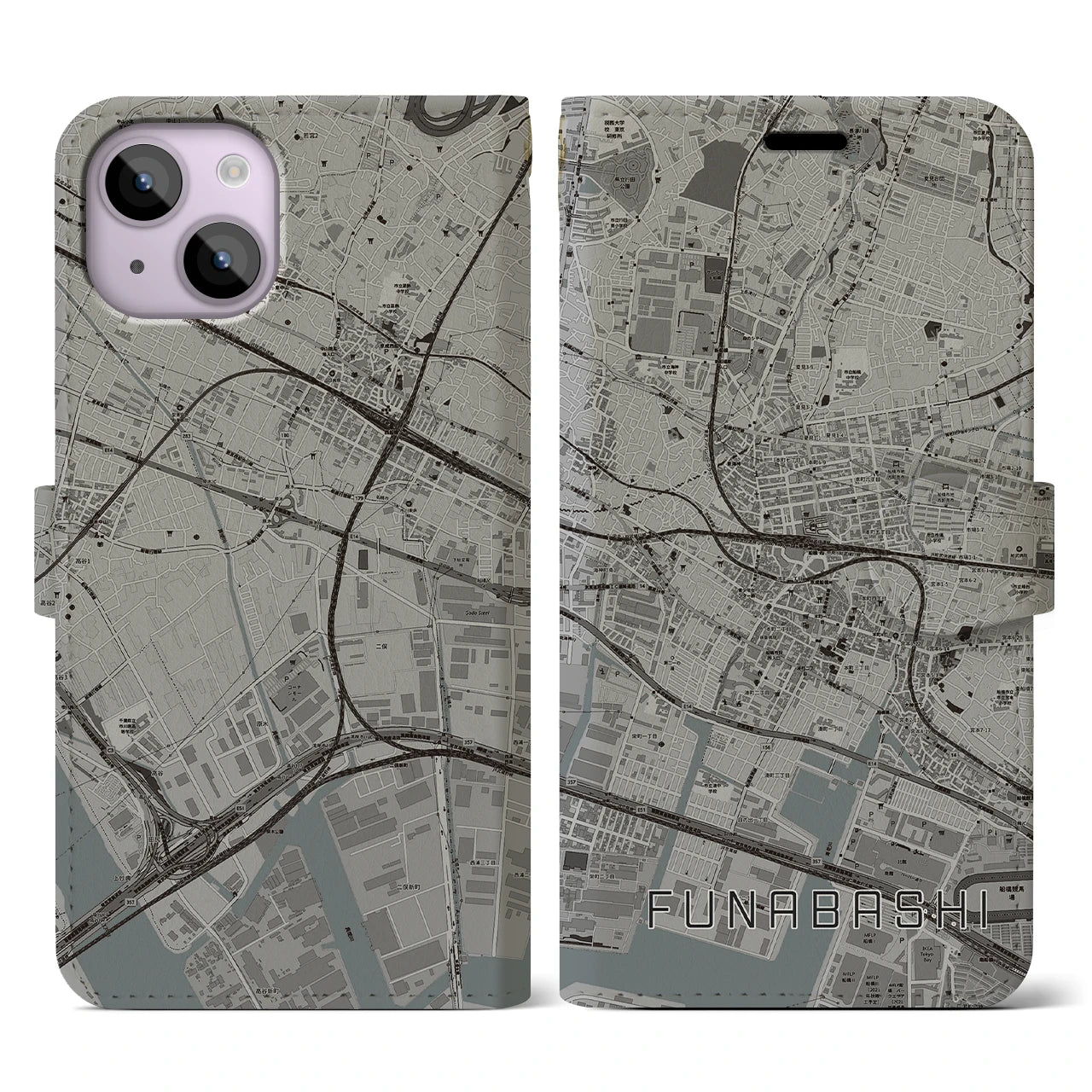【船橋(千葉県)】地図柄iPhoneケース(手帳タイプ)モノトーン・iPhone 14 用