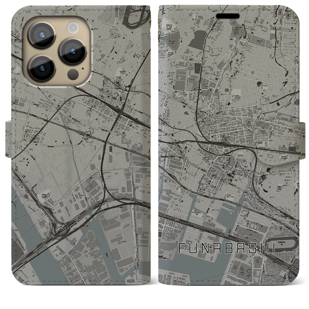 【船橋(千葉県)】地図柄iPhoneケース(手帳タイプ)モノトーン・iPhone 14 Pro Max 用