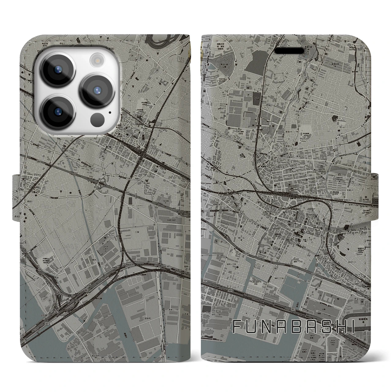 【船橋(千葉県)】地図柄iPhoneケース(手帳タイプ)モノトーン・iPhone 14 Pro 用