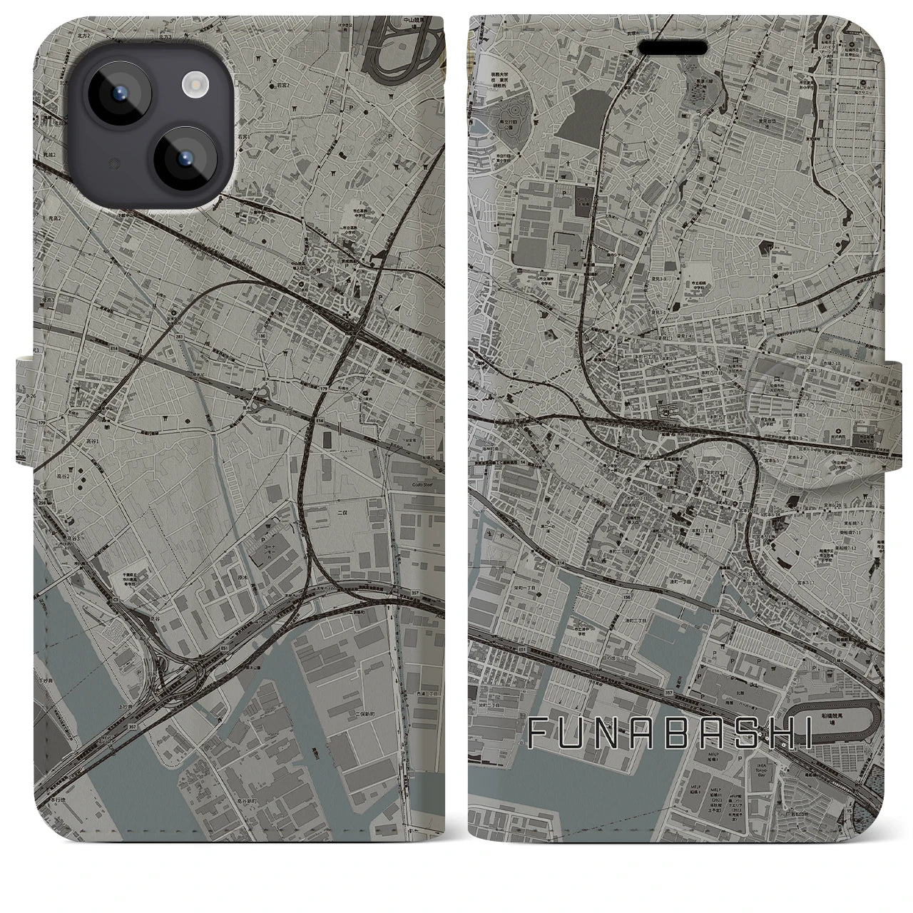 【船橋(千葉県)】地図柄iPhoneケース(手帳タイプ)モノトーン・iPhone 14 Plus 用